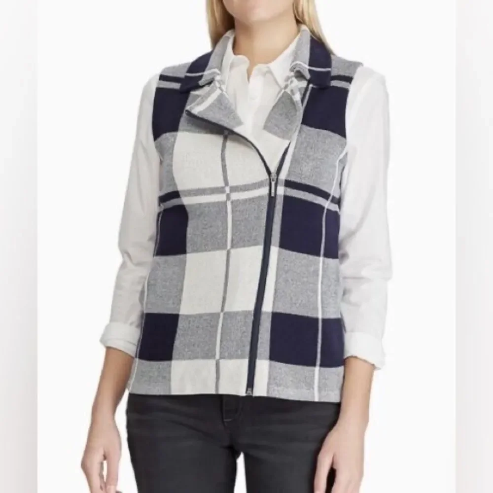 NWT Chaps Navy Plaid Asymmetric Full Zip Sweater Vest Womens Small Cotton - Picture 2 of 8